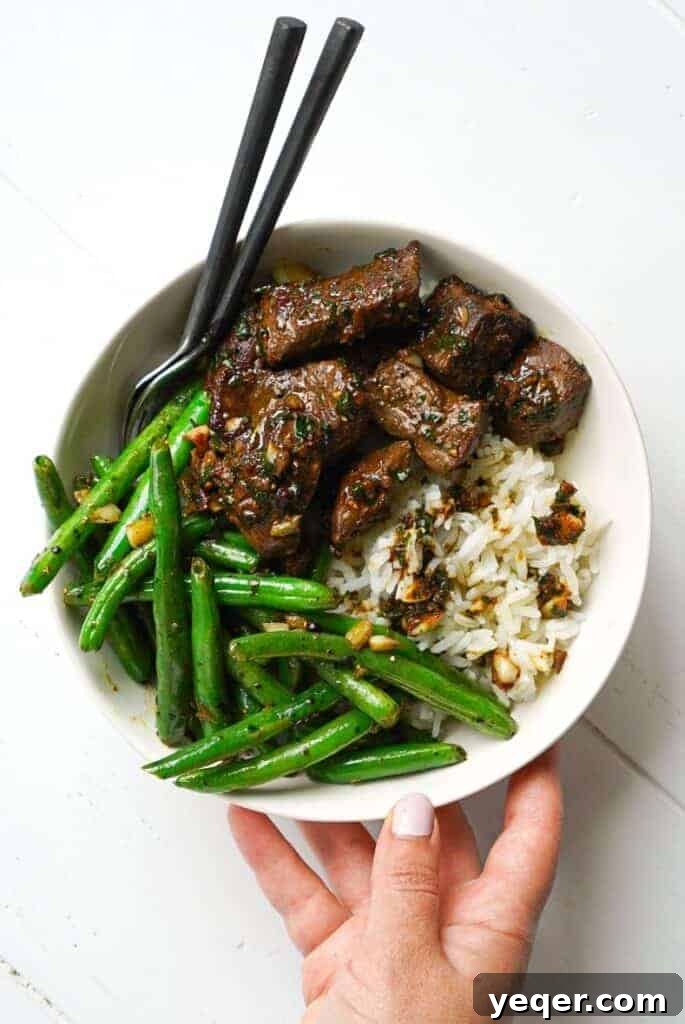 Zesty Moroccan Green Beans 6 A bowl of steak bites and Moroccan balsamic green beans, a perfect pairing.