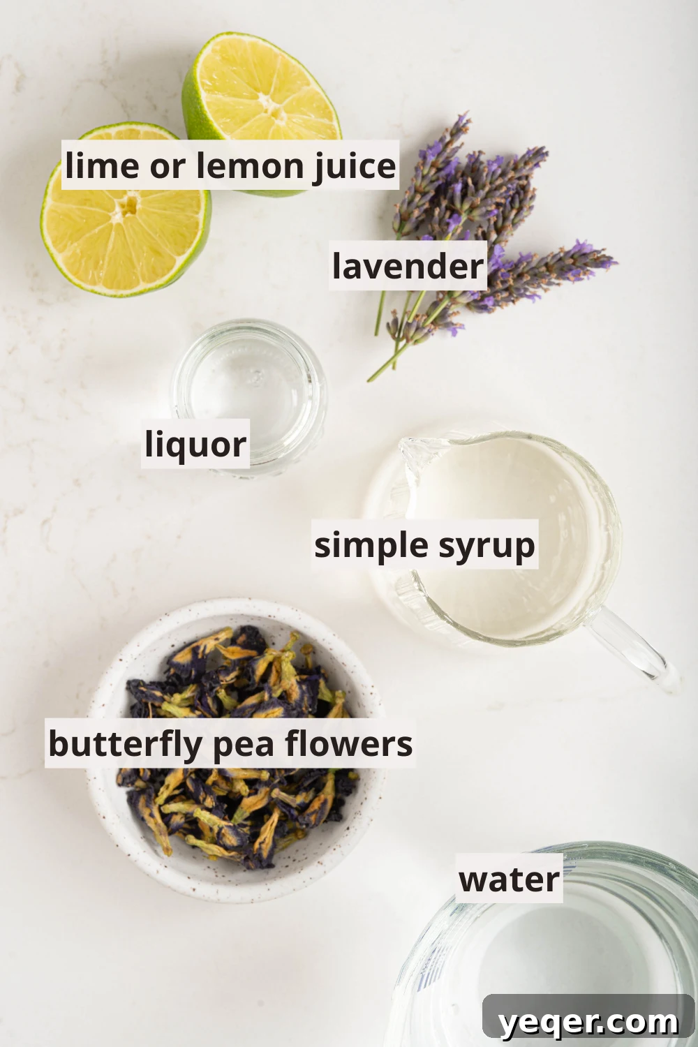 Indigo Bloom Delight 3 Bowls of liquor, simple syrup, fresh citrus, and dried butterfly pea flowers, ready for mixing.