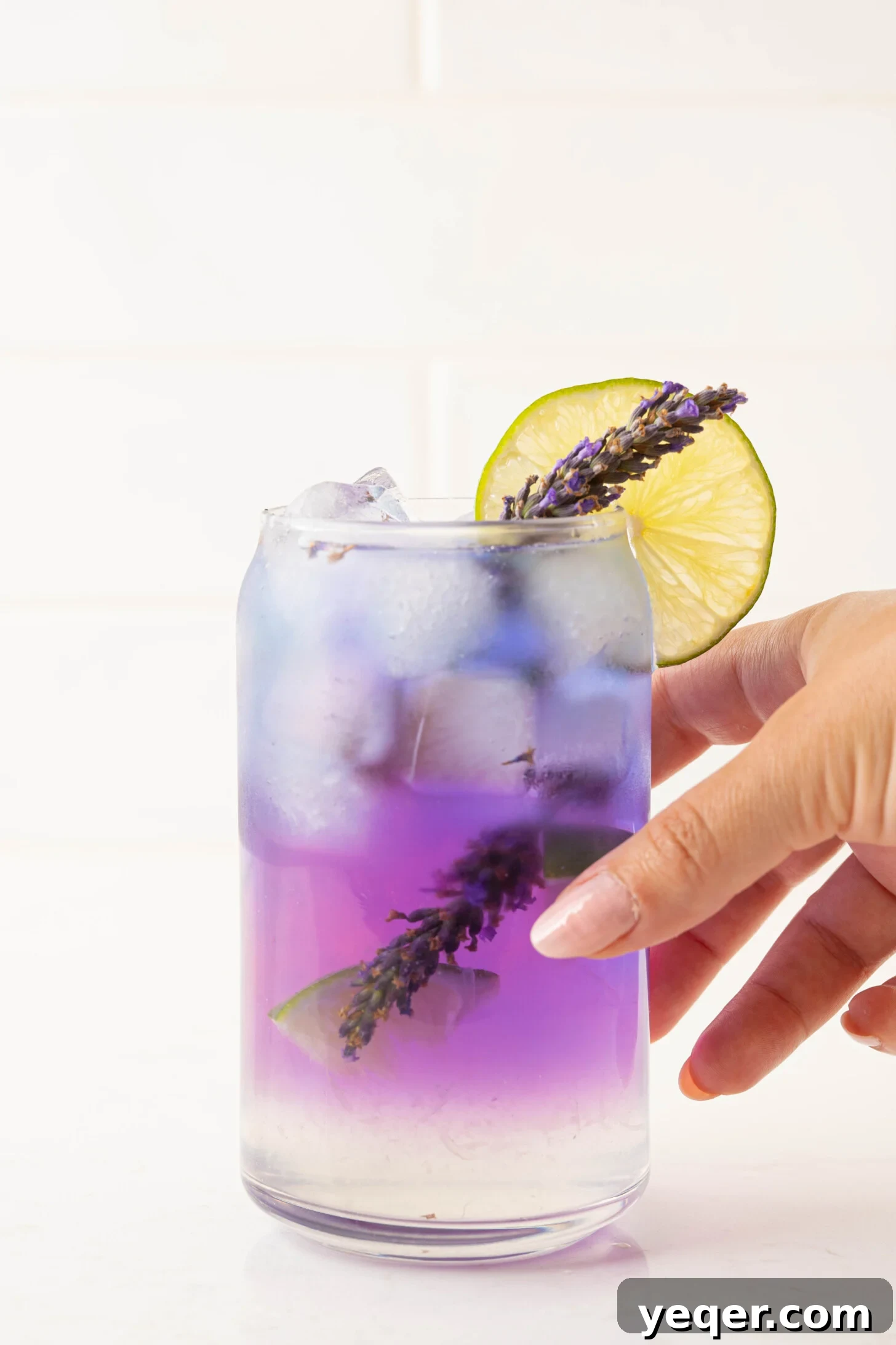 Indigo Bloom Delight 8 A close-up of the beautiful purple and pink gradient in a butterfly pea flower cocktail, garnished with a lime slice.