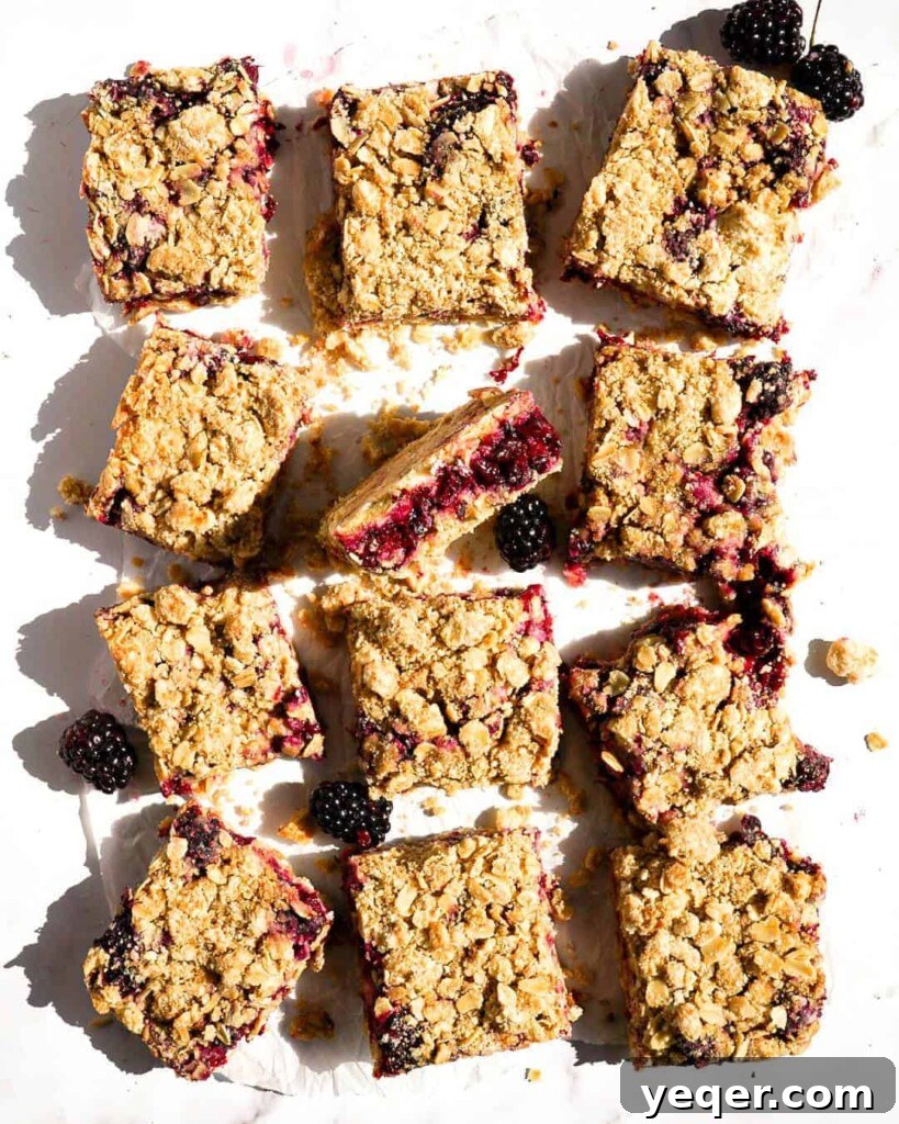 Twelve perfectly baked gluten-free blackberry crumb bars arranged beautifully on a rustic wooden table, showcasing their golden crumble and vibrant berry filling. Each bar is uniformly cut, highlighting the irresistible texture and inviting appearance of this homemade summer dessert.
