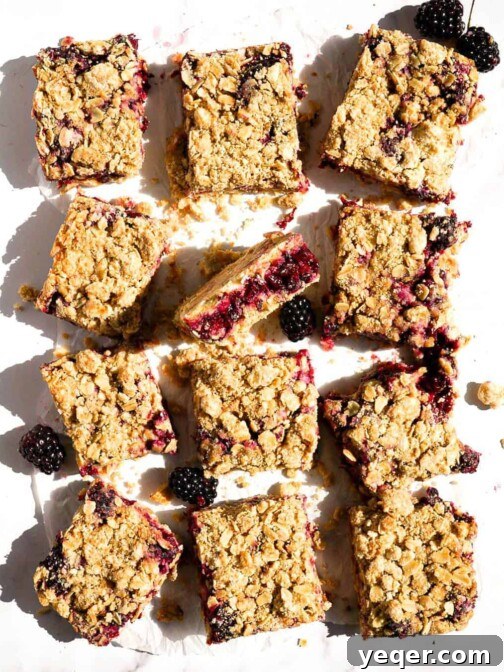 A close-up of a perfectly baked gluten-free blackberry crumb bar, highlighting the golden, crumbly top and the juicy, vibrant berry filling within. This image captures the delicious texture and inviting appeal of the dessert.