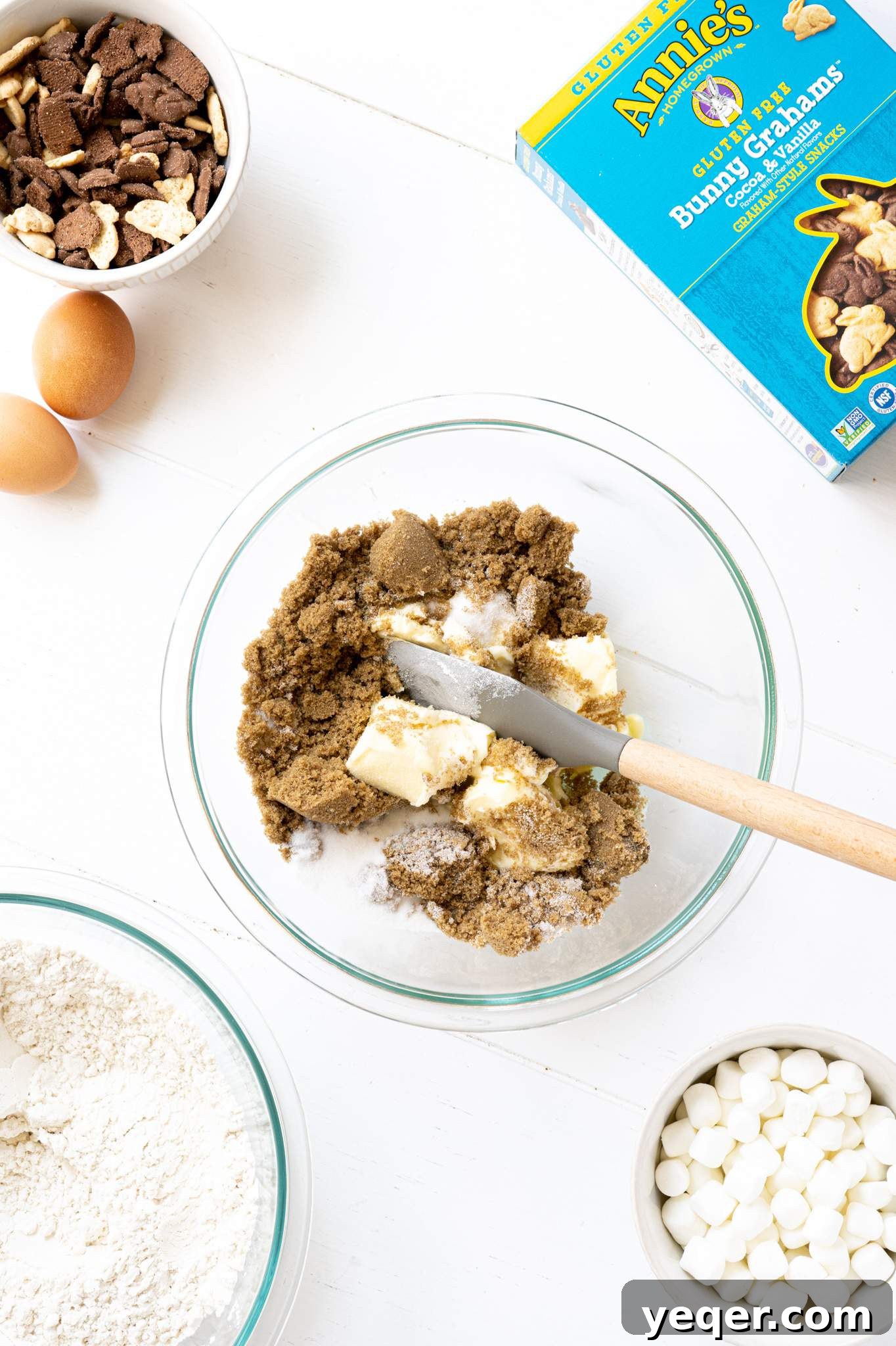 Gluten Free Smores Cookies with Annies and The Feed Feed 3 Butter and sugar in a mixing bowl with a spatula.