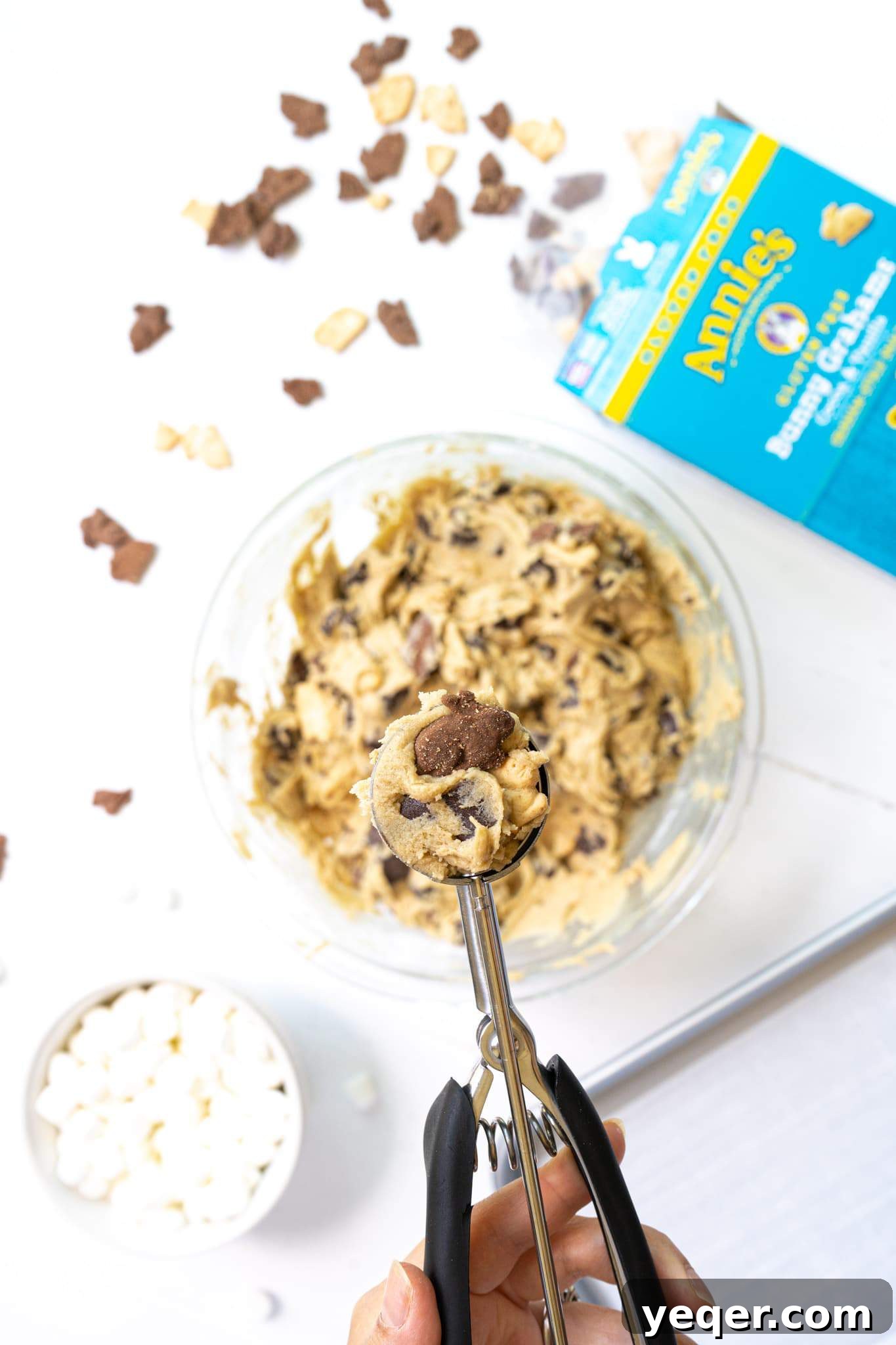 Gluten Free Smores Cookies with Annies and The Feed Feed 8 A cookie scooper with s'mores cookie dough with Annie's Bunny Grahams.