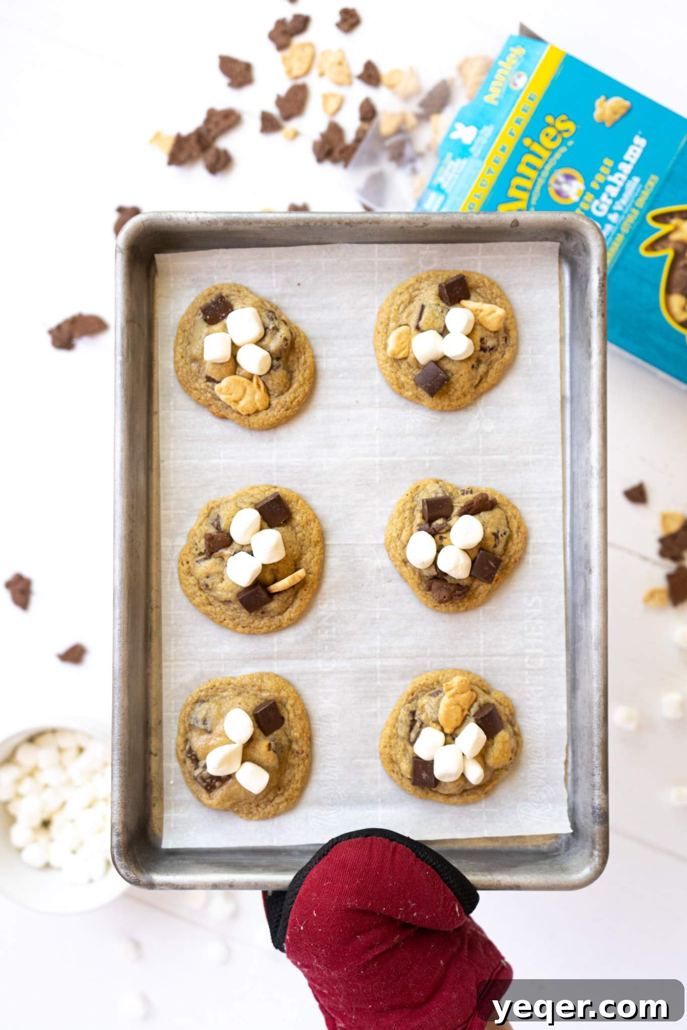 Gluten Free Smores Cookies with Annies and The Feed Feed 9 A hand holding a tray full of gluten free s'mores cookies.