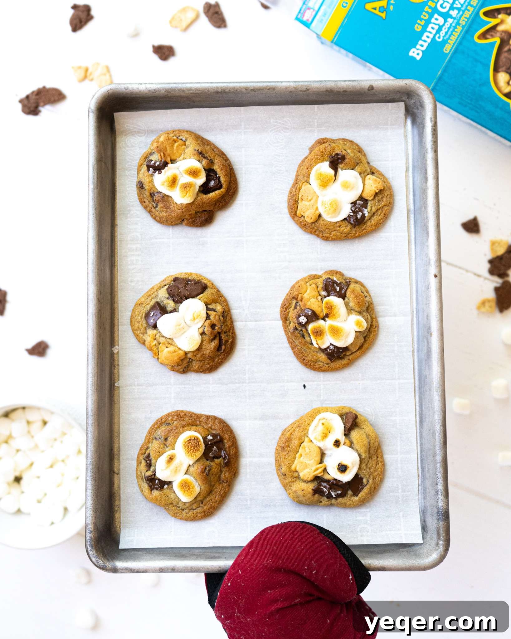 Gluten Free Smores Cookies with Annies and The Feed Feed 10 A hand holding a tray full of gluten free s'mores cookies.