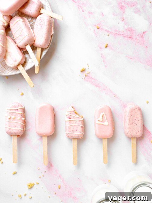 A row of pink cake pops with a bite taken out of one.