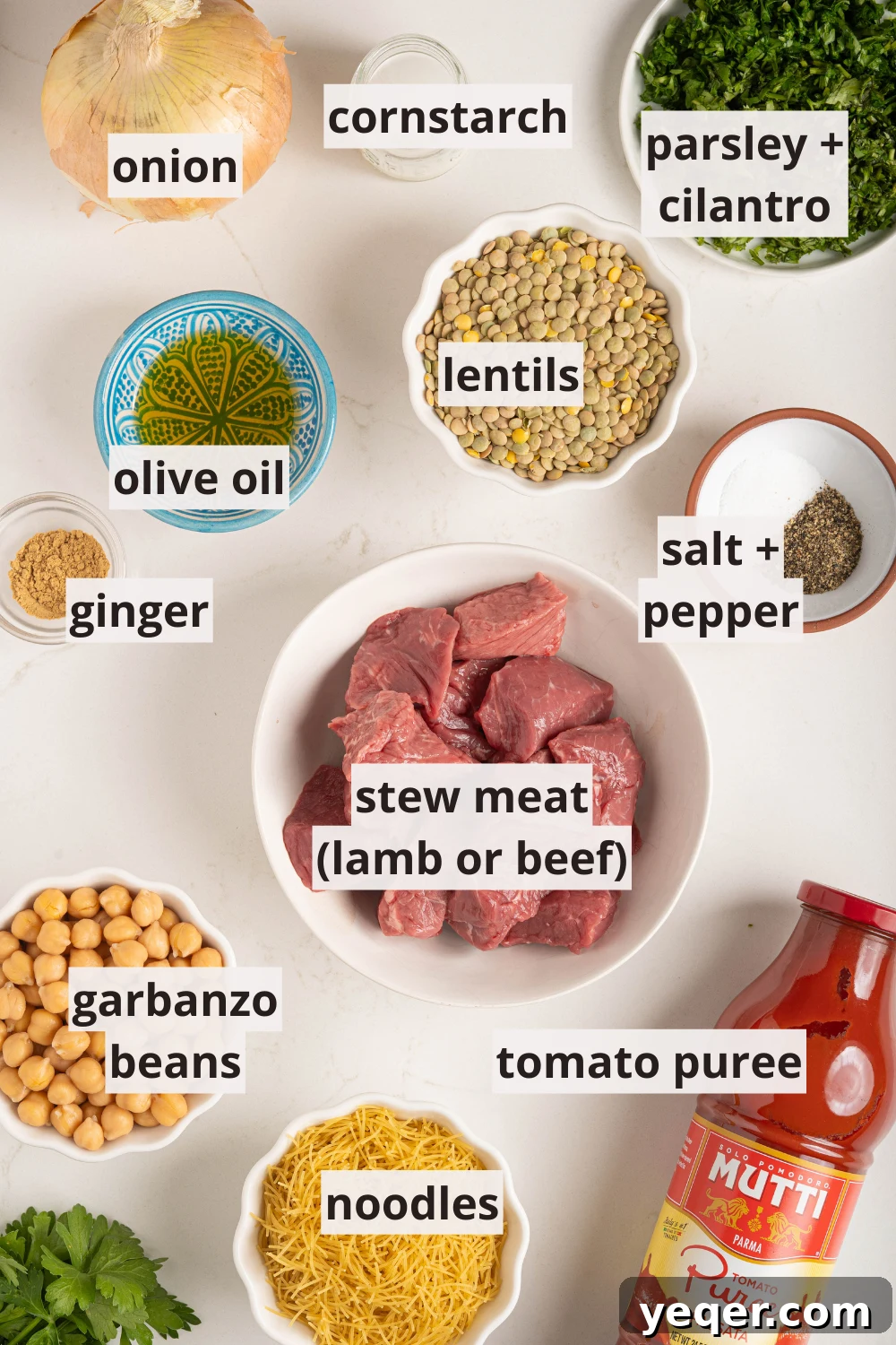Moroccan Harira: A Spiced Lentil and Chickpea Comfort Soup 3 bowls of stew meat, lentils, herbs, and more