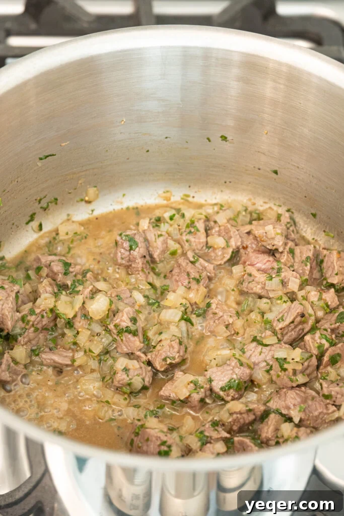 Moroccan Harira: A Spiced Lentil and Chickpea Comfort Soup 6 stew meat with herbs and onion in a pot