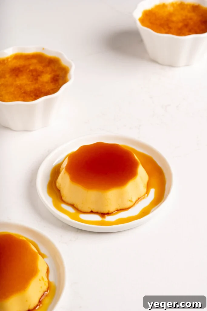 Silky Puerto Rican Caramel Flan 13 A perfectly sliced piece of flan on a plate, ready to be enjoyed.