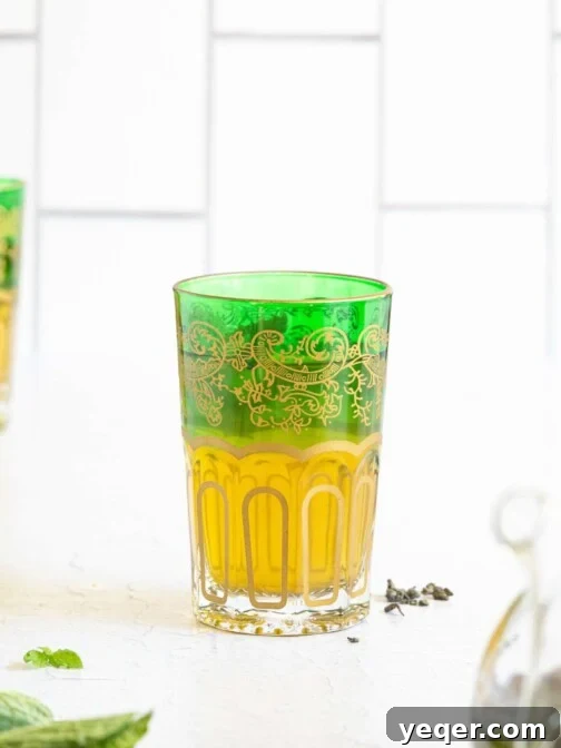 A glass of refreshing Moroccan mint tea with fresh mint leaves and steam rising.