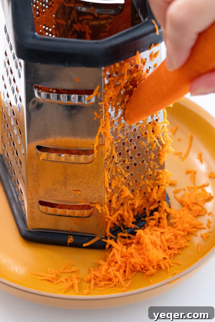 Zesty 10-Minute Moroccan Grated Carrot Salad 4 A carrot being grated into a bowl for Moroccan carrot salad.