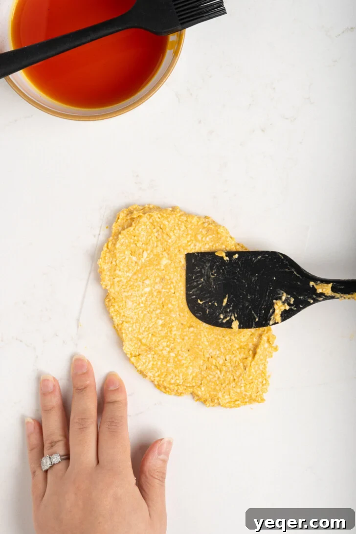 Homemade Alcapurrias: A Taste of Puerto Rico 9 Masa being spread thinly on parchment paper brushed with achiote oil.