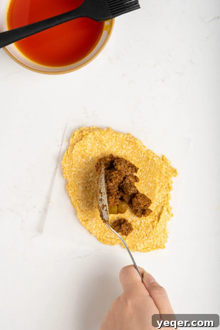 Homemade Alcapurrias: A Taste of Puerto Rico 10 Picadillo filling being carefully scooped onto the center of the masa.