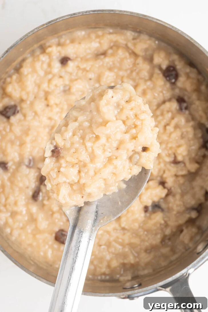 Creamy Coconut Rice Pudding 11 A pot of finished, creamy coconut rice pudding, ready to be scooped into serving bowls.