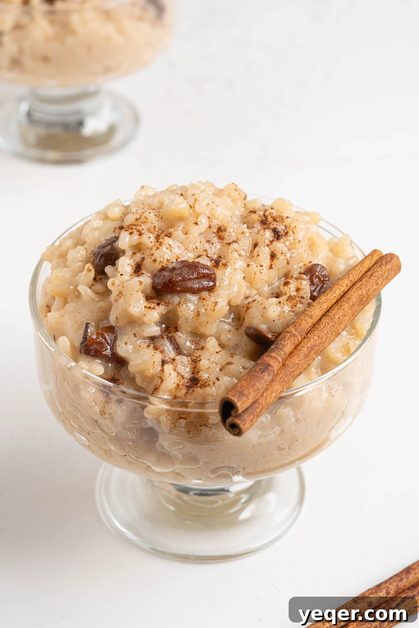 Creamy Coconut Rice Pudding 12 A close-up of a serving bowl filled with creamy Arroz con Dulce, garnished with ground cinnamon.