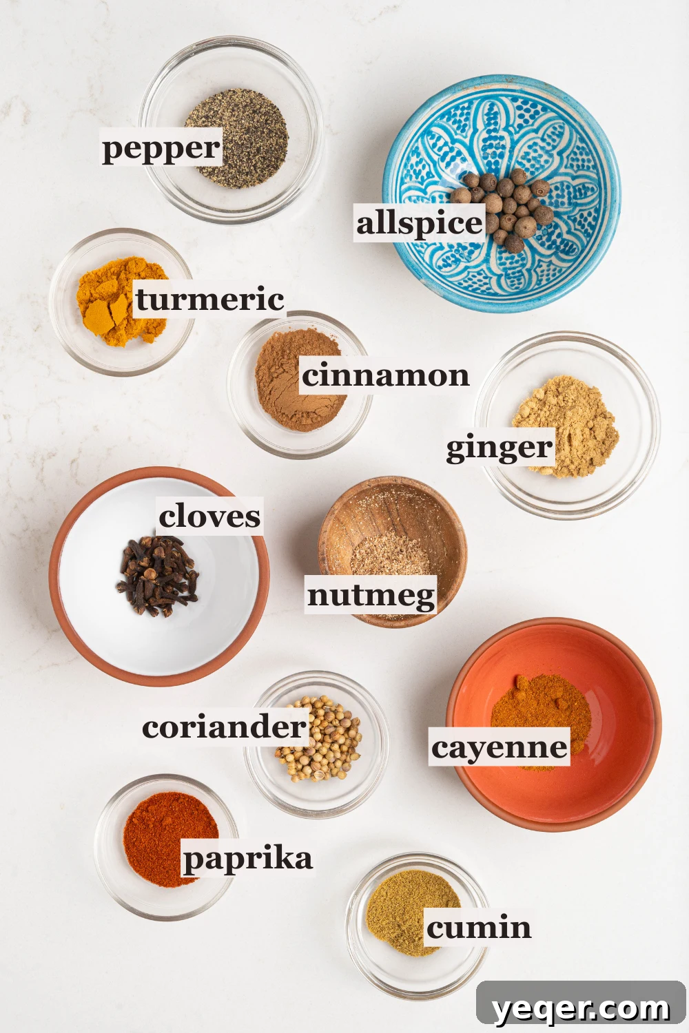 Homemade 5-Minute Ras El Hanout Spice Mix 4 Ras el hanout spices in bowls.