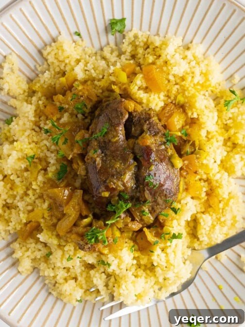 A beautifully presented plate of Moroccan lamb shank tagine, ready to be enjoyed.
