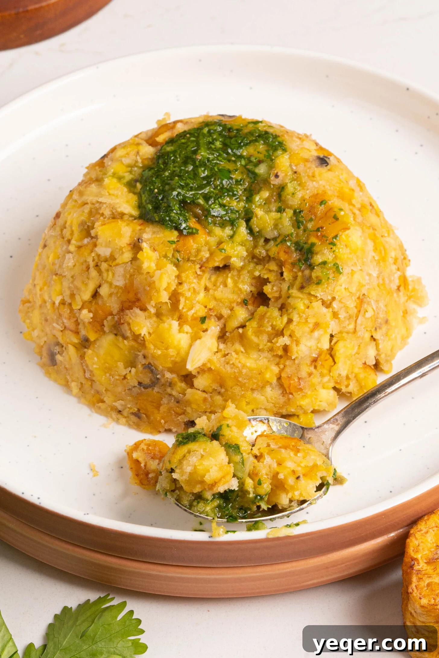 25 Dakikada Geleneksel Porto Riko Mofongosu 2 A beautifully presented plate of Mofongo, garnished and ready to eat.