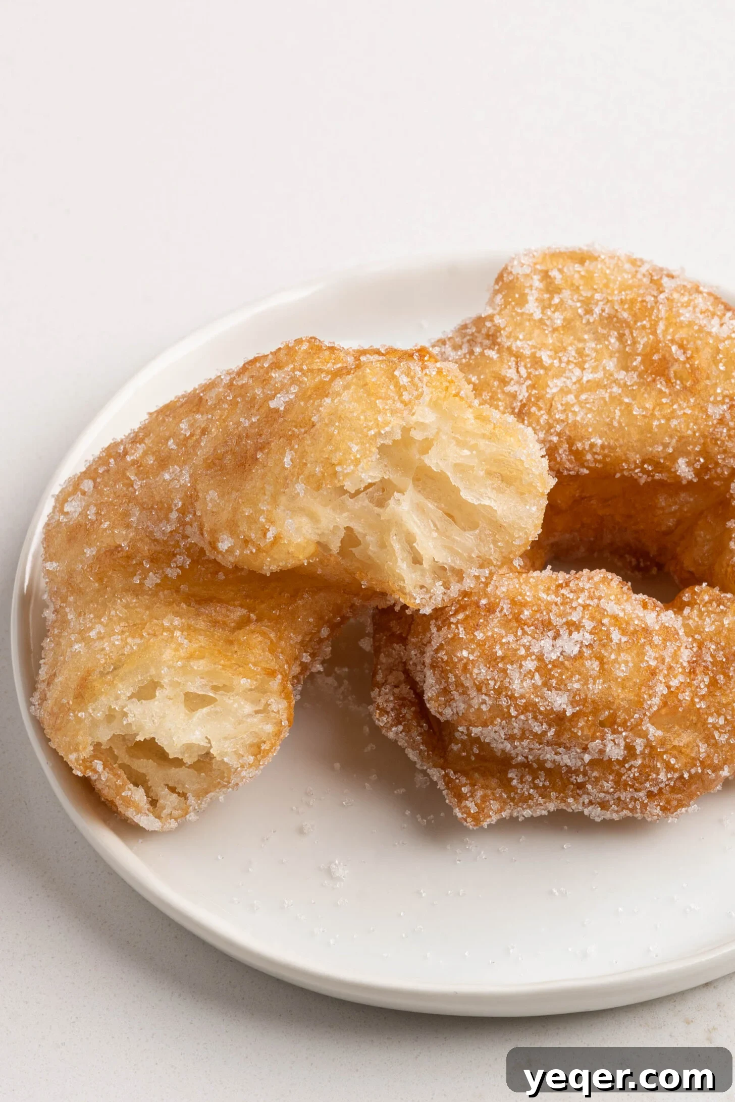 Sfenj: Moroccan Spongy Delights 2 Two golden-brown Moroccan Sfenj donuts resting on a white plate, ready to be enjoyed.