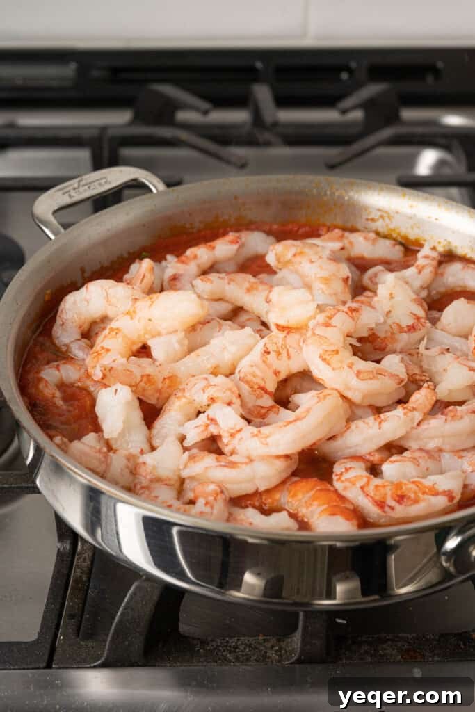 Savory Simmered Shrimp 6 Shrimp being gently stirred into the simmering tomato sauce in a pot.