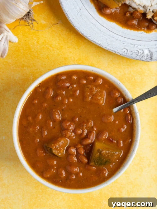 A bowl of Habichuelas Guisadas, rich and red, with visible chunks of squash, ready to be served over rice.