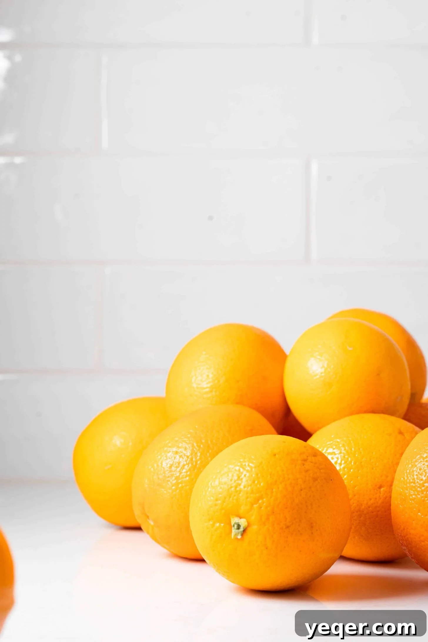 Hand-Pressed Orange Delight 3 A vibrant display of fresh oranges, some whole and some sliced, on a clean white countertop, ready for juicing.