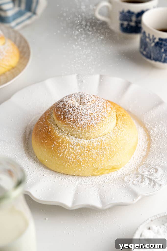 Golden Puerto Rican Sweet Mallorca 13 A finished Pan de Mallorca bun, beautifully dusted with a thick layer of powdered sugar.