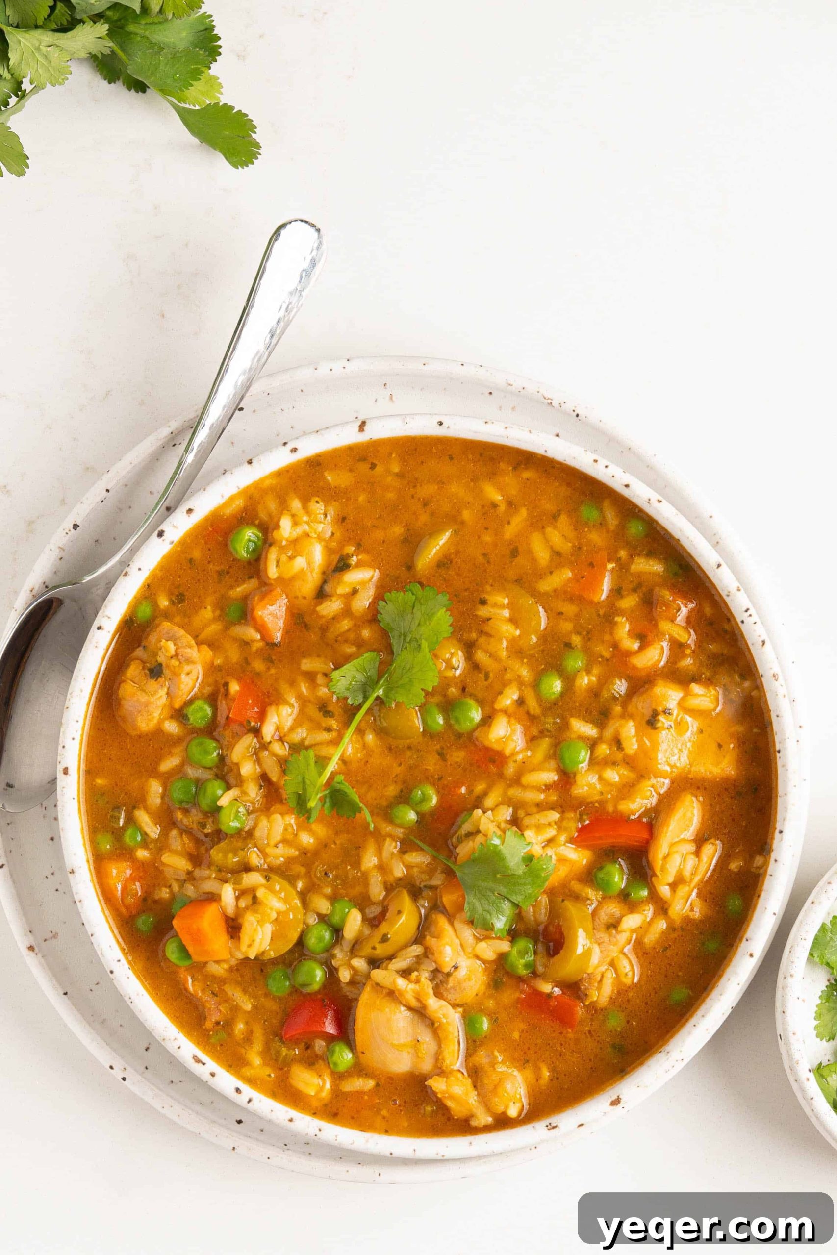 Asopao de Pollo Puerto Rico's Signature Chicken and Rice Stew 2 A vibrant bowl of Asopao de Pollo, a hearty Puerto Rican chicken and rice stew, garnished with fresh cilantro.