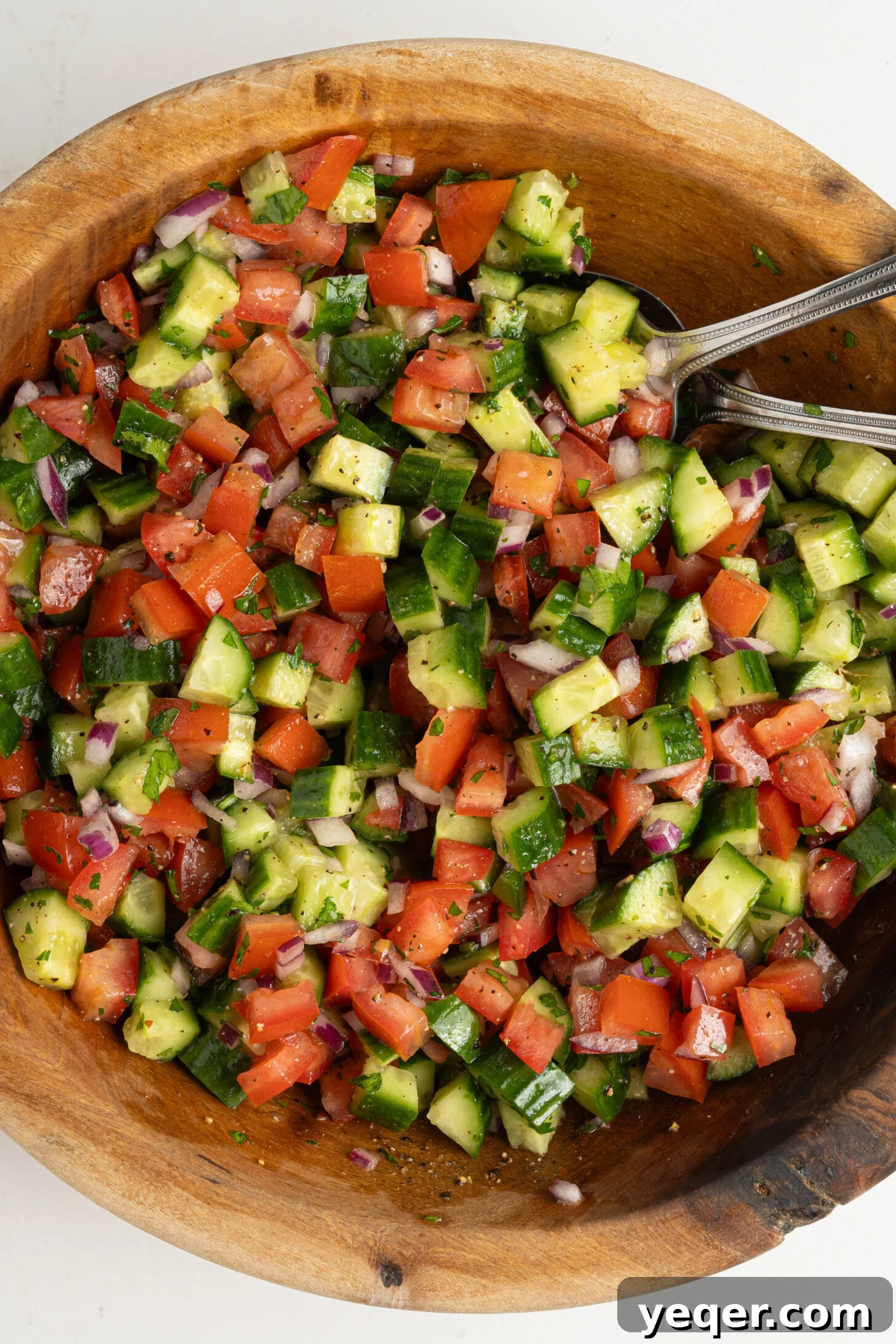 Vibrant Moroccan Cucumber Tomato Salad 2 Vibrant Moroccan cucumber tomato salad in a rustic bowl, garnished with fresh parsley and a drizzle of olive oil.