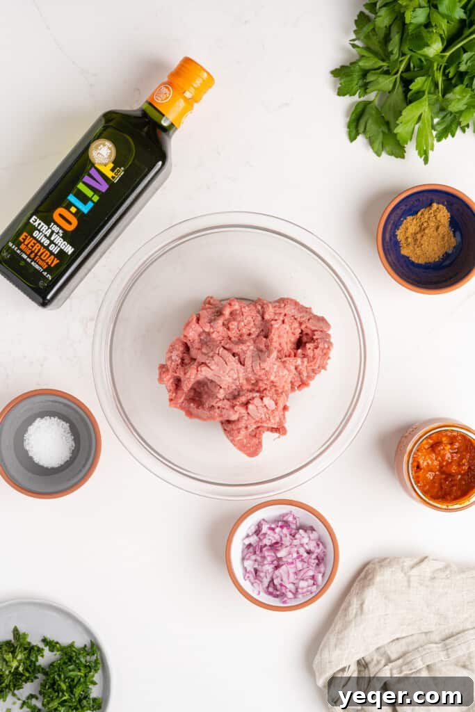 Spicy Harissa Burgers 4 All the fresh ingredients laid out before mixing, including ground lamb, fresh herbs, spices, and harissa paste.