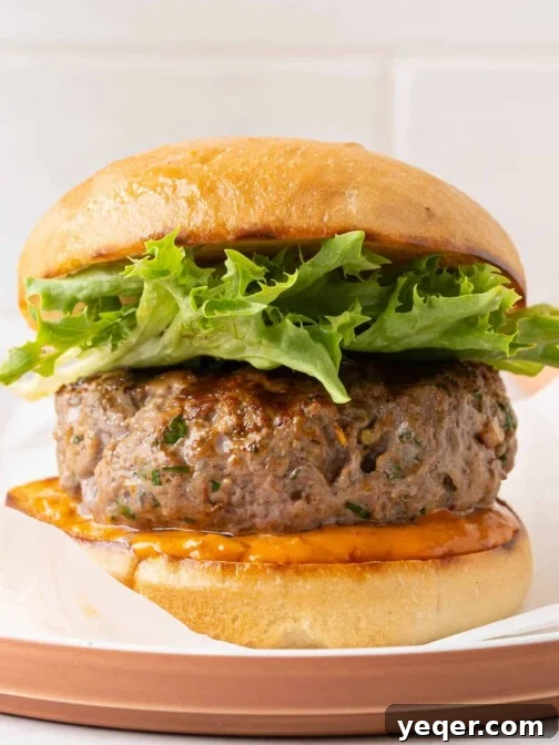 A harissa lamb burger, beautifully presented with a toasted bun, fresh greens, and tomato, ready to be served.