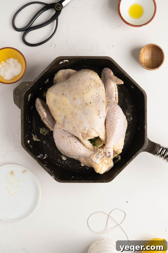 Succulent Golden Roast Chicken 4 A raw whole chicken in a pan, stuffed with lemon, garlic, and herbs, with legs tied.