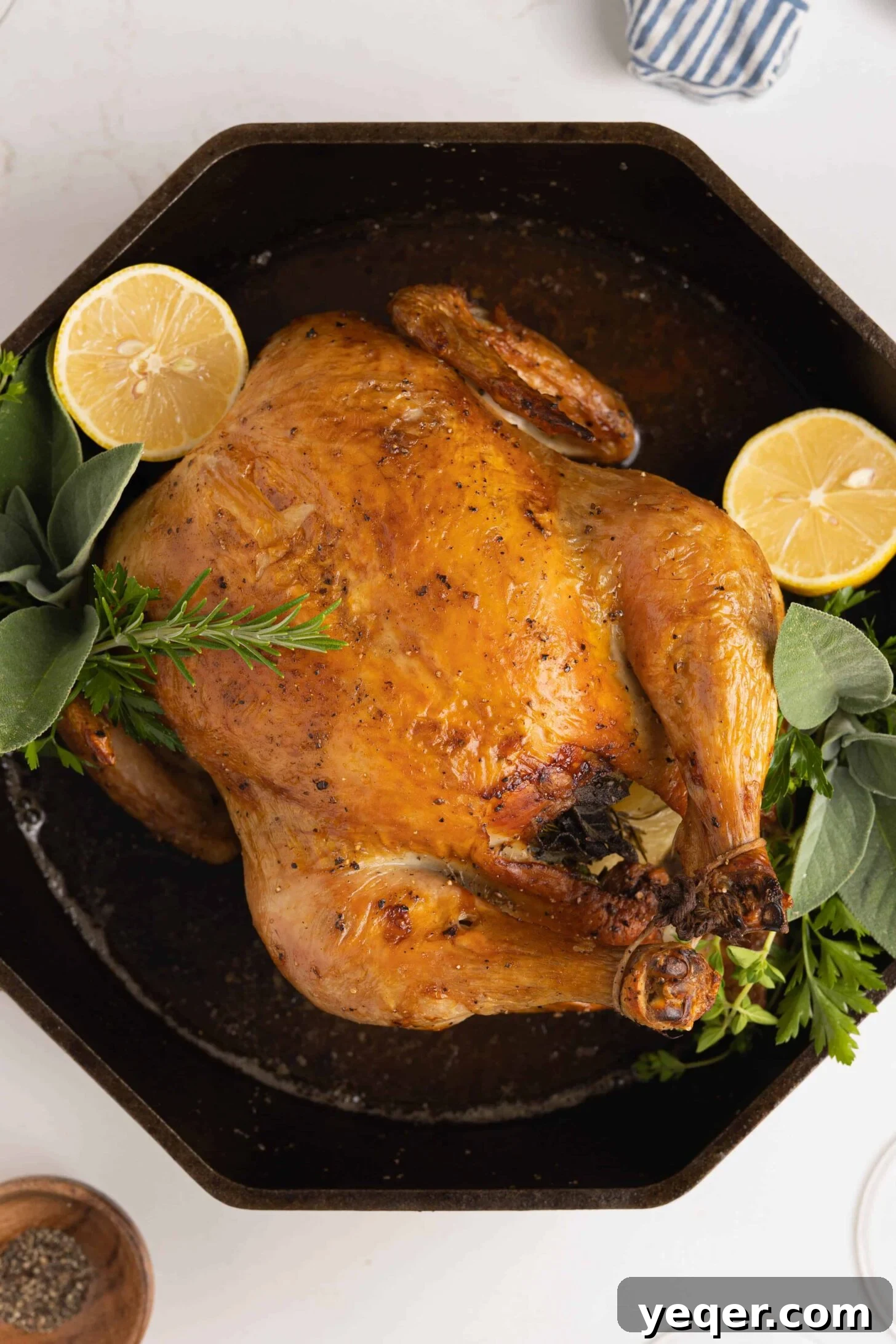 Succulent Golden Roast Chicken 6 A perfectly golden-brown roasted chicken, still in its pan, garnished with fresh herbs and lemon wedges.
