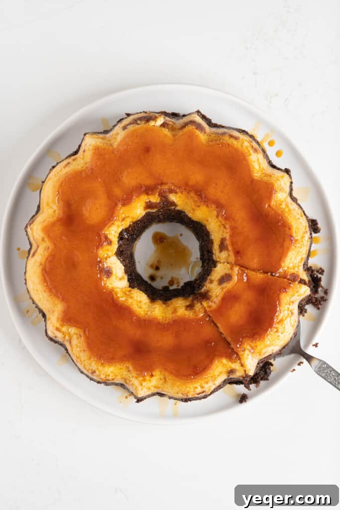 ChocoFlan A Culinary Illusion 9 A beautifully flipped ChocoFlan resting on a platter, with caramel drizzling down its sides.