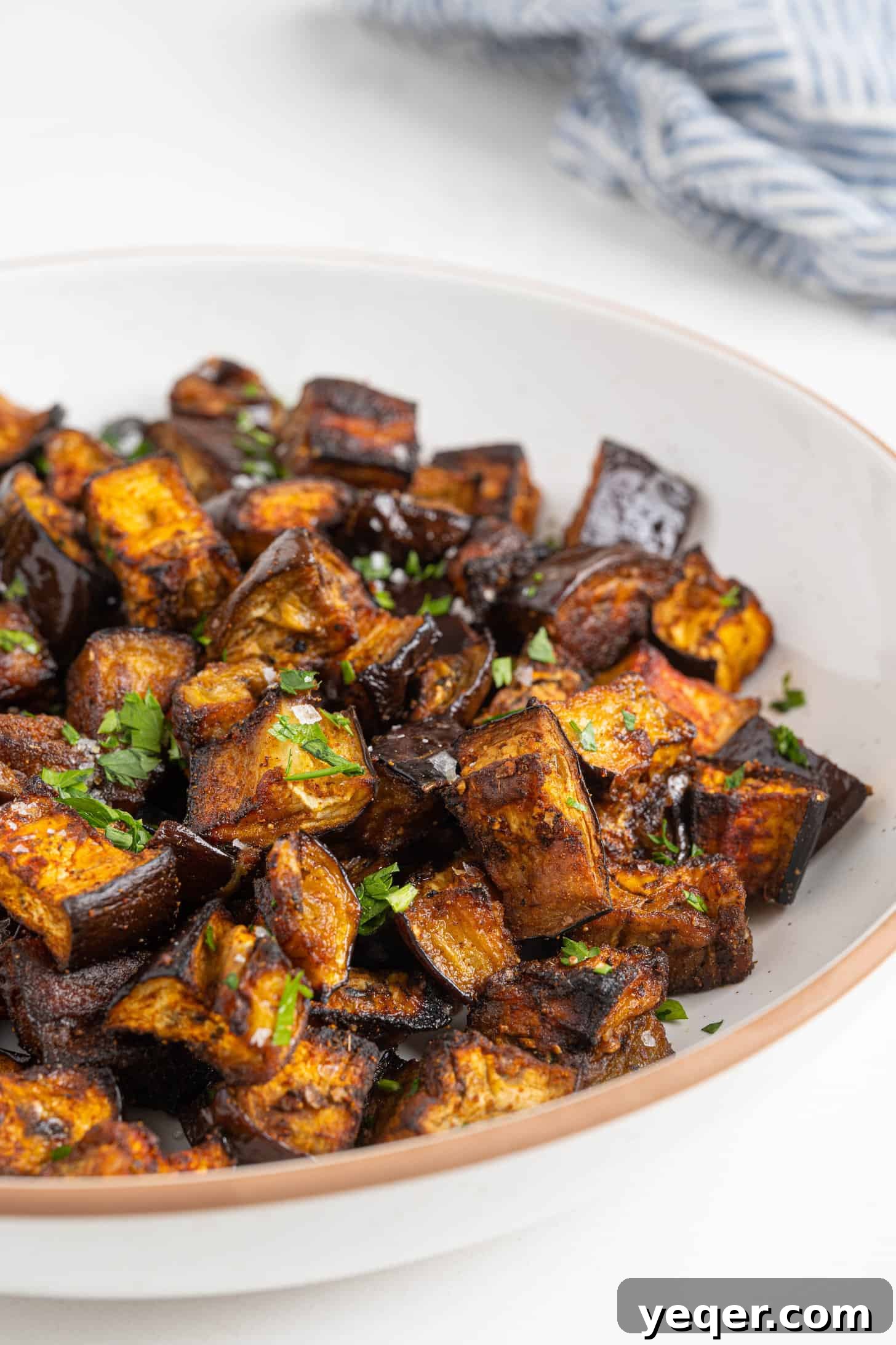 North African Roasted Aubergine in Minutes 2 Beautifully roasted Moroccan eggplant cubes in a rustic bowl, garnished with fresh herbs, ready to be served as a flavorful side dish or appetizer.