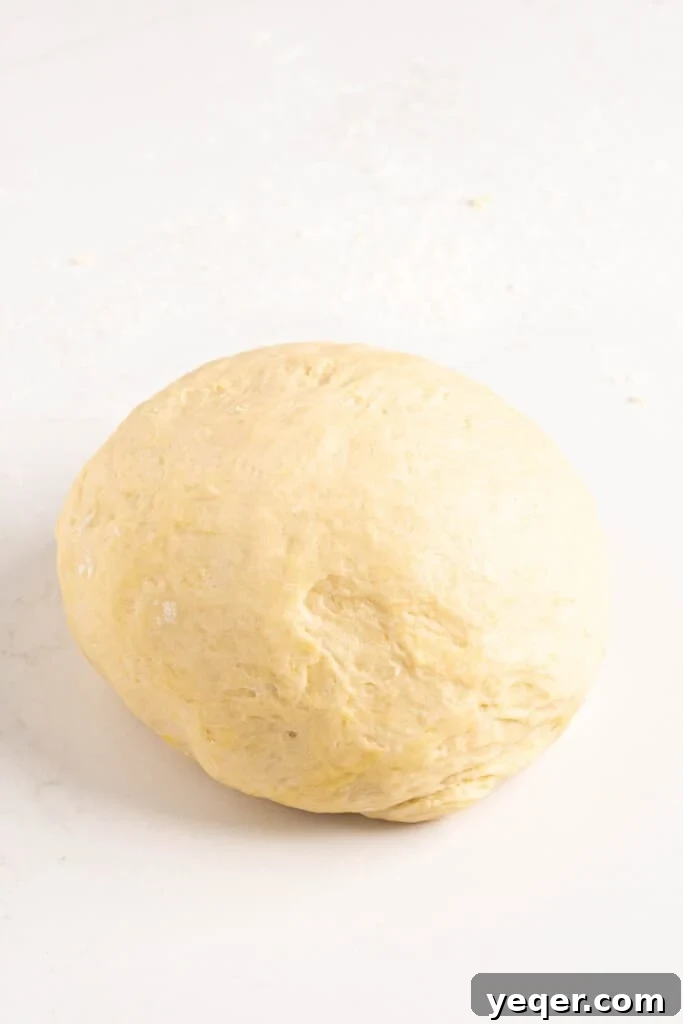 Five-Ingredient Wonder Empanada Dough 8 A perfectly smooth, consistent ball of empanada dough resting on a lightly floured surface, indicating successful kneading and ready for chilling.