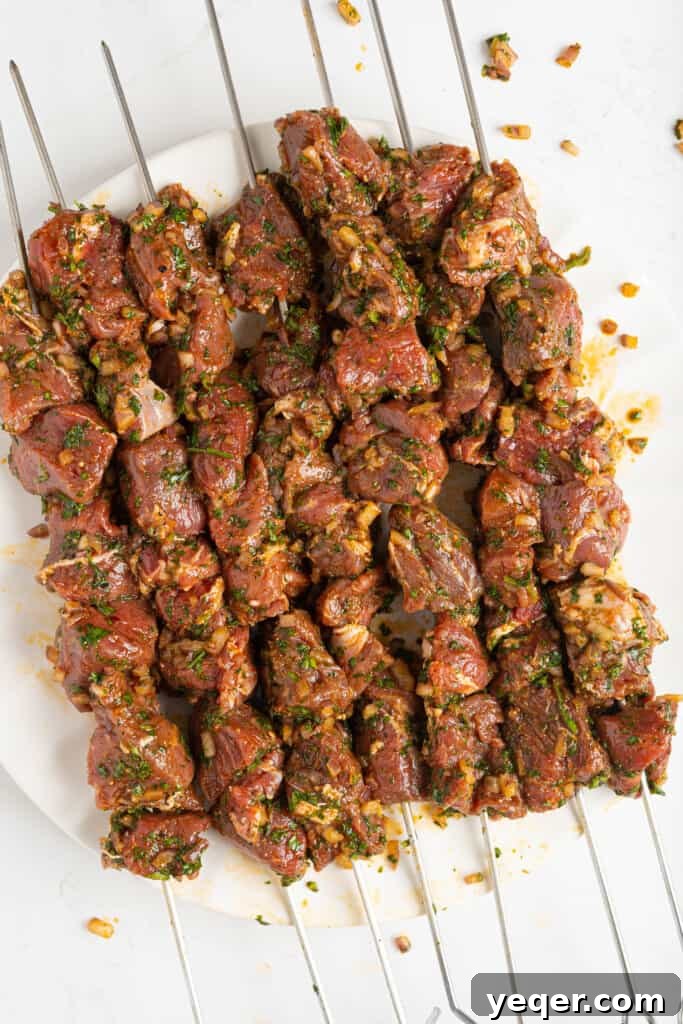 Char-Grilled Lamb Skewers with Tangy Preserved Lemon 6 Marinated lamb cubes neatly threaded onto metal skewers, ready for grilling.