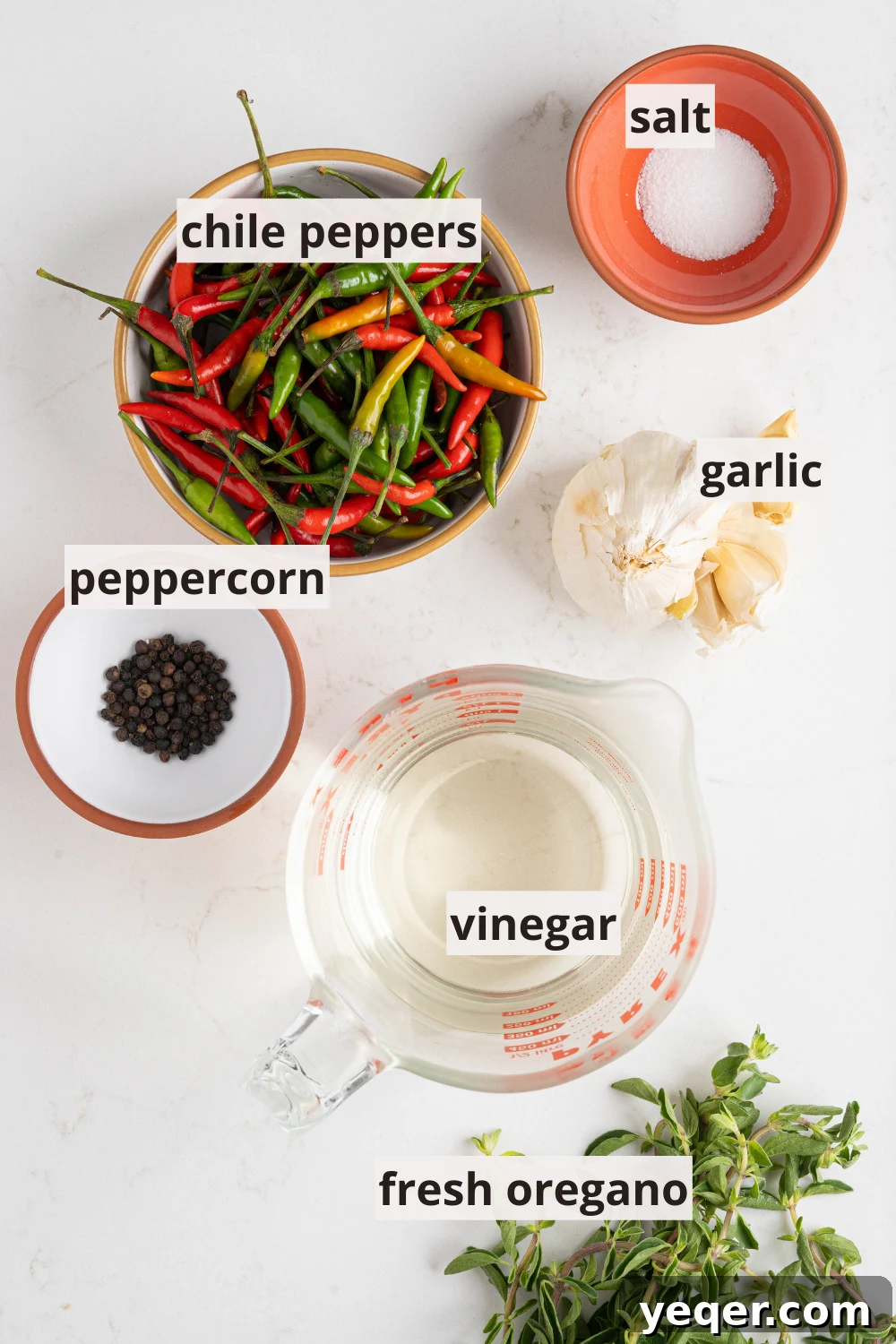 Boricua Flash Pique 3 bowls of chile peppers, salt, vinegar, and more