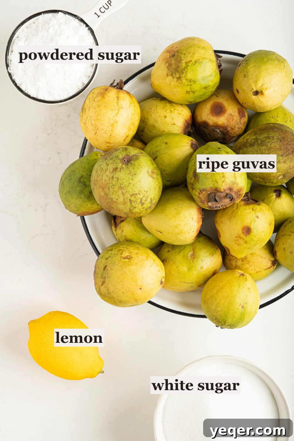 Four Ingredient Guava Paste Made Easy 3 bowls of sugar, guavas and a lemon
