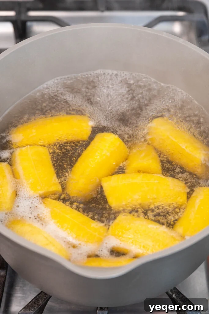 Whip Up Dominican Mangu in 30 Minutes 4 Green plantains boiling in a pot of water on the stovetop.