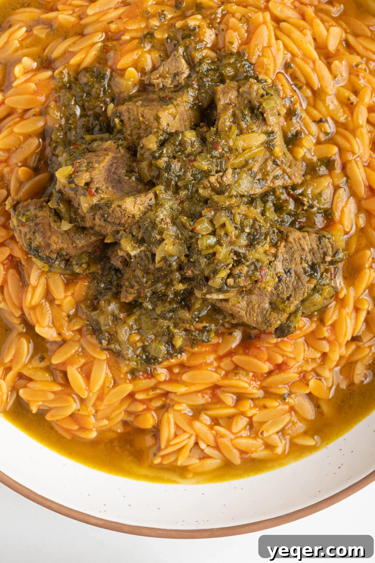 Moroccan Lamb Orzo Pilaf 2 A beautifully presented bowl of Moroccan orzo with succulent lamb, garnished with fresh parsley.