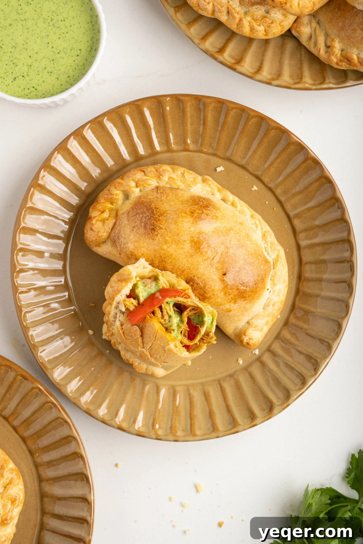 Homestyle Shredded Chicken Empanadas 14 A close-up of a single, perfectly baked chicken empanada, showcasing its crispy crust and the rich filling inside.