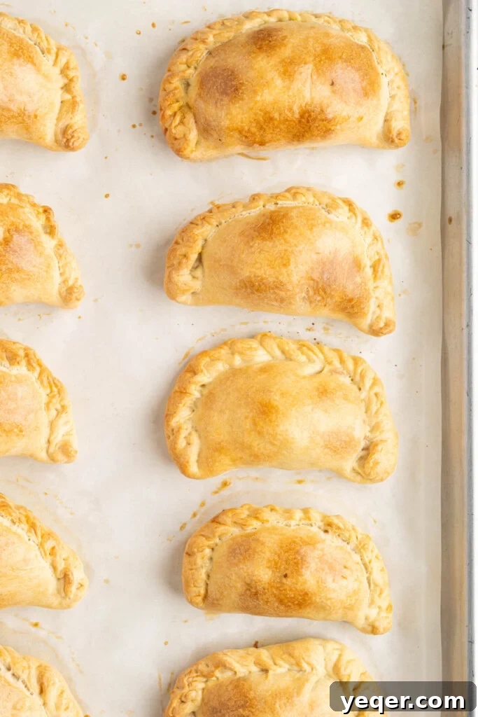 Homestyle Shredded Chicken Empanadas 10 A baking sheet filled with perfectly golden-brown empanadas, fresh out of the oven, steam still rising slightly.