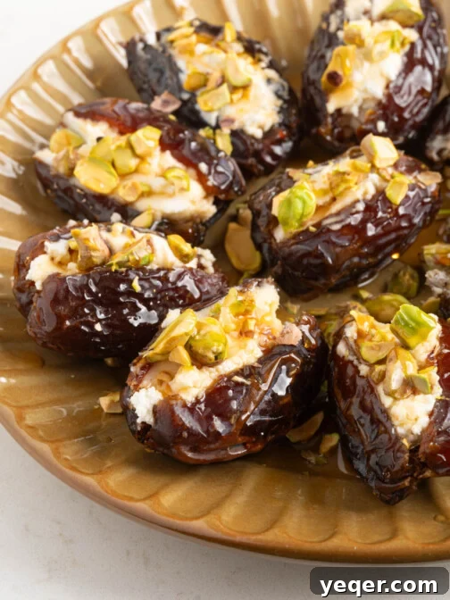 A plate of goat cheese stuffed dates, beautifully presented and garnished.