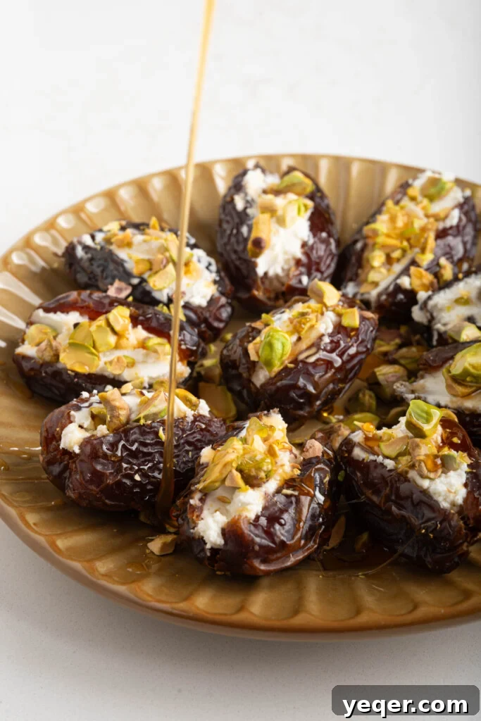 Gourmet Date Medallions: Goat Cheese and Pistachio Bliss 6 Warm honey being drizzled from a spoon over a platter of goat cheese stuffed dates, glistening under the light.