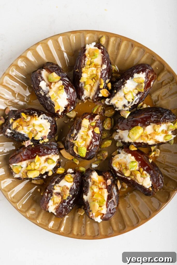 Gourmet Date Medallions: Goat Cheese and Pistachio Bliss 7 A finished plate of goat cheese stuffed dates, garnished with fresh herbs and ready to be served on a rustic wooden board.