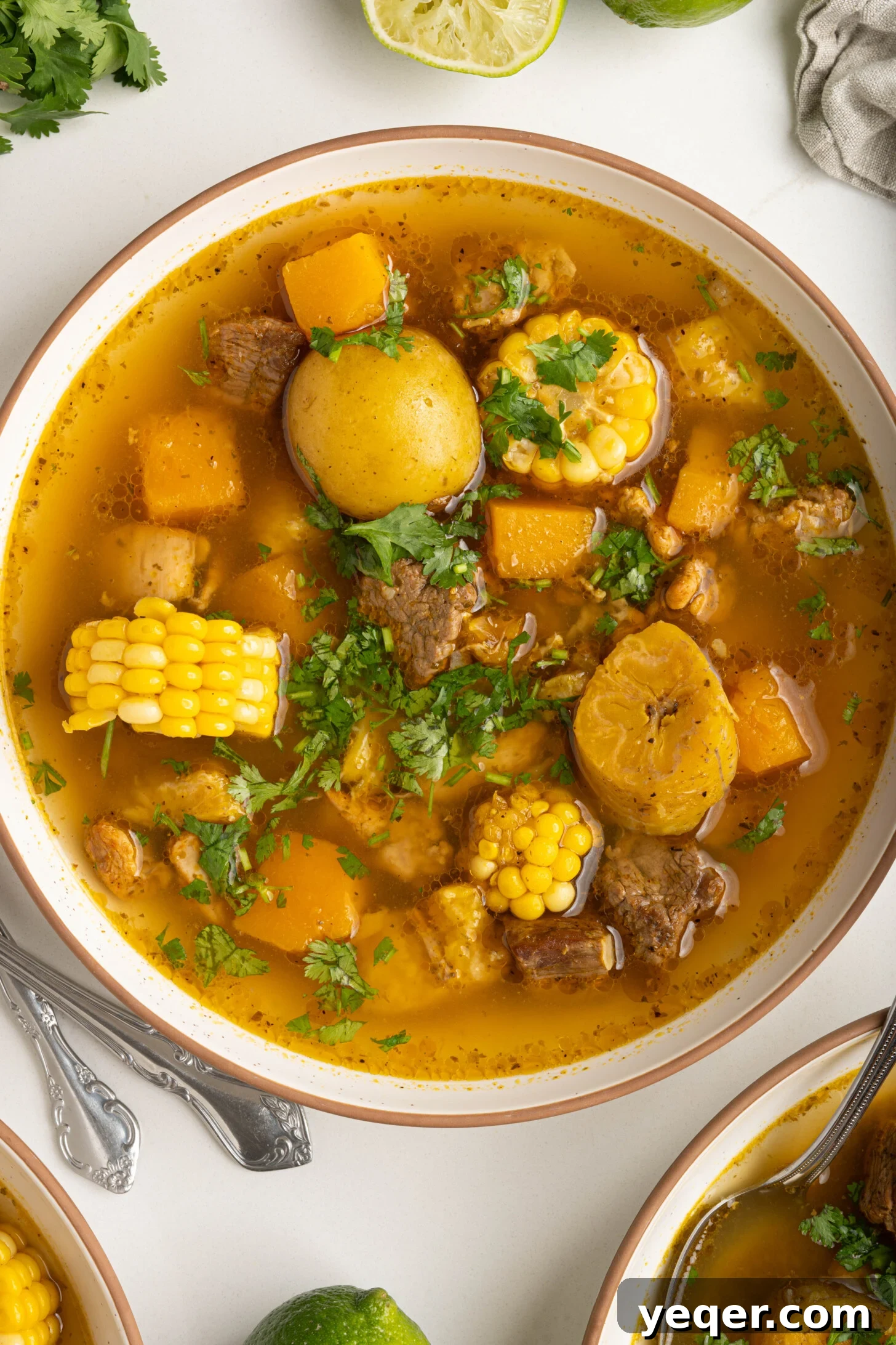 Rich Puerto Rican Sancocho Beef and Root Vegetable Stew 2 A steaming bowl of traditional Sancocho stew, garnished with fresh cilantro and a lime wedge, presented against a rustic background.