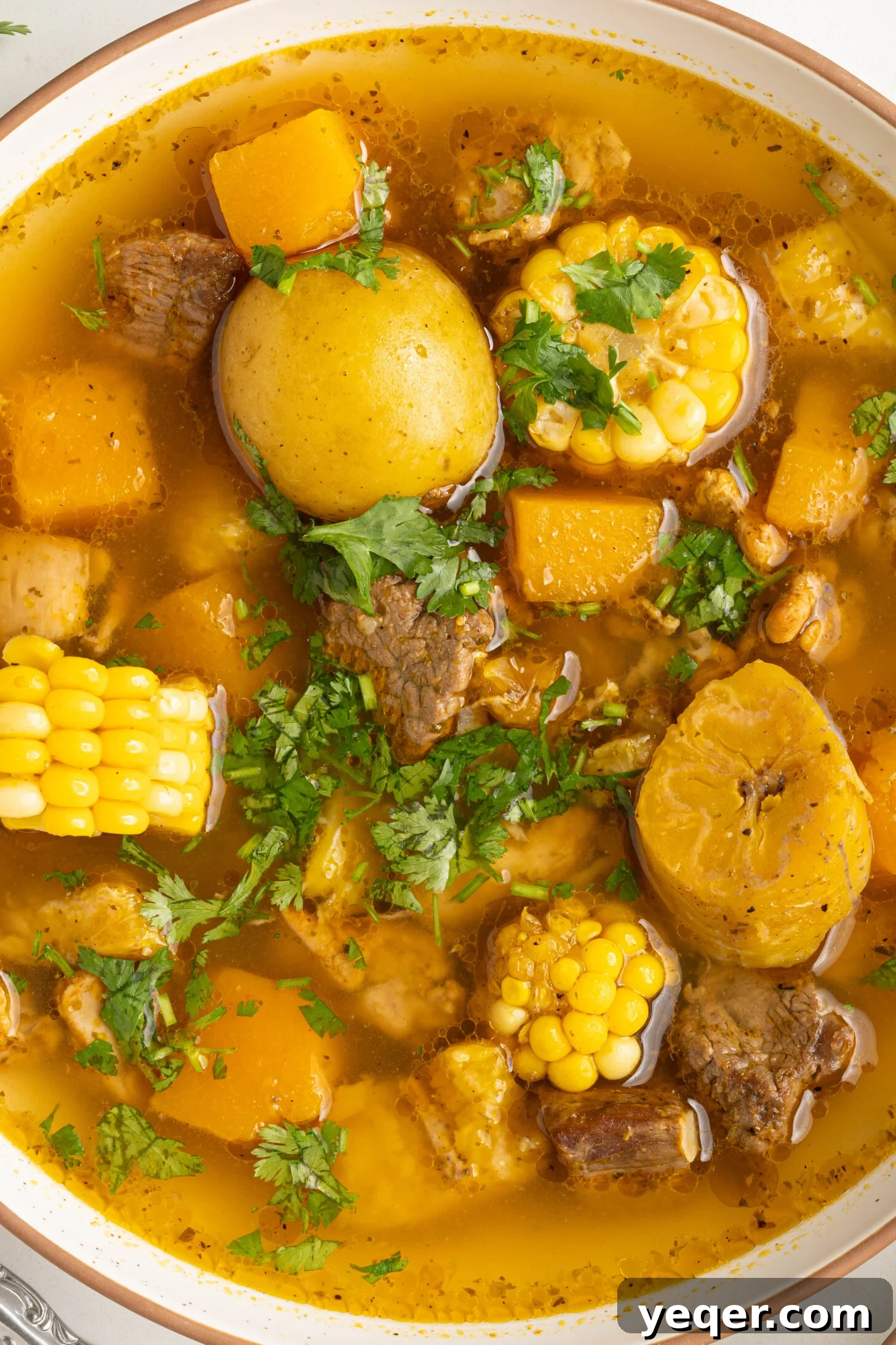 Rich Puerto Rican Sancocho Beef and Root Vegetable Stew 11 A close-up shot of Sancocho, highlighting the vibrant colors and hearty ingredients of the stew in a rustic bowl.