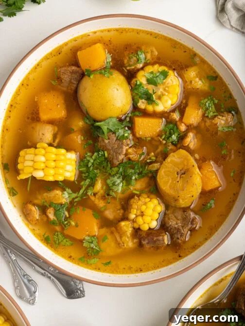 A steaming bowl of traditional Sancocho stew, garnished with fresh cilantro and a lime wedge, presented against a rustic background.