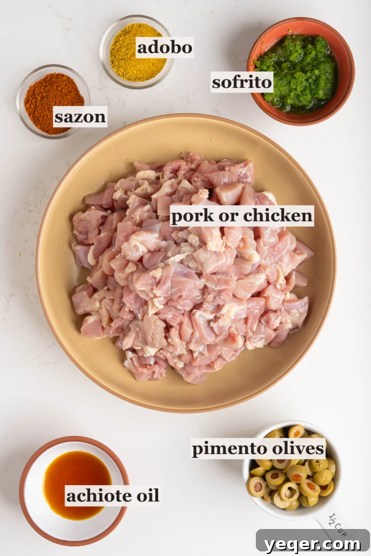Puerto Rican Pasteles: Savory Meat-Stuffed Masa Delights 4 Bowls of various ingredients including chicken, sazon, adobo, and olives, prepped for the filling.